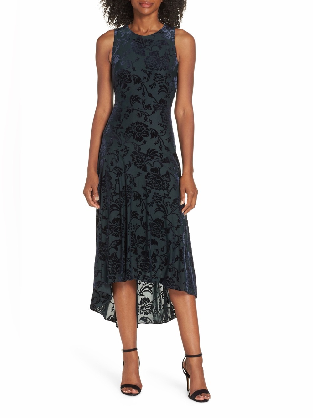 VINCE CAMUTO Sleeveless Navy Floral High-Low Midi Dress